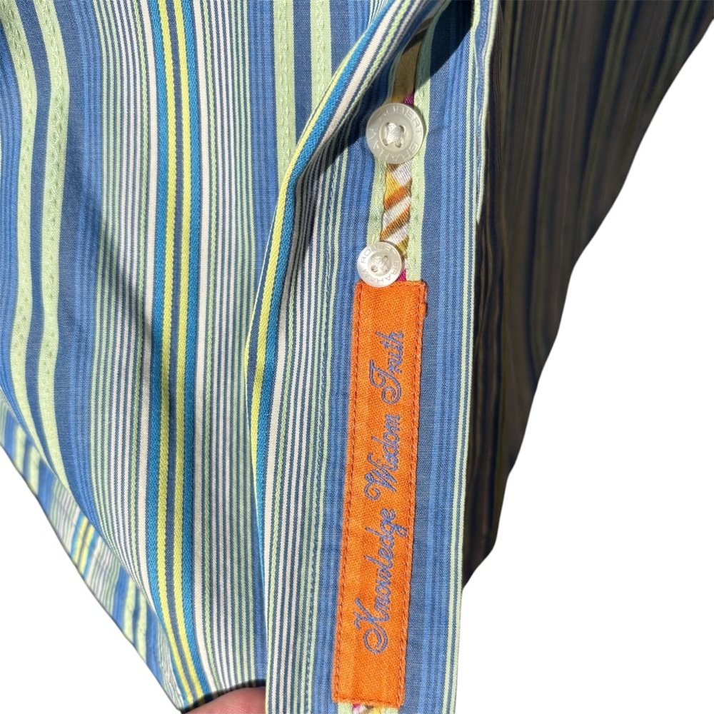 Robert Graham Blue & Green Striped Button Down Shirt Flip Cuffs w/Floral Design - Picture 6 of 12